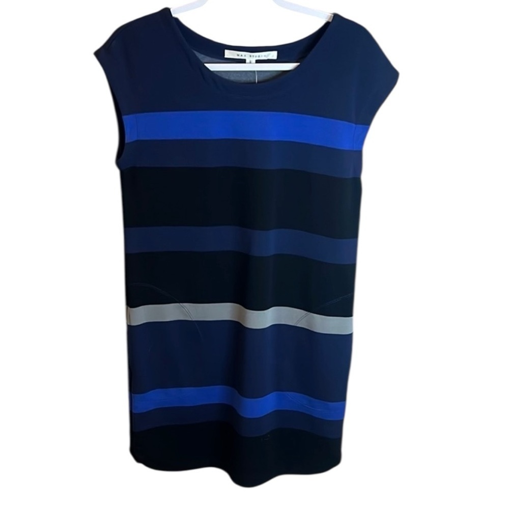 Max Studio Blue Sheath Dress with Sleeveless Design and Crew Neck Small